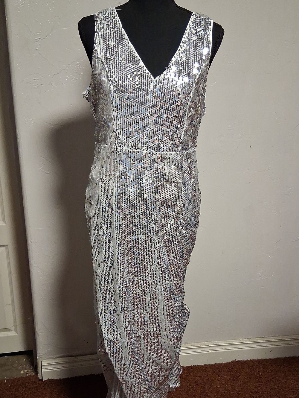 Silver Sequin V-Neck Evening Dress